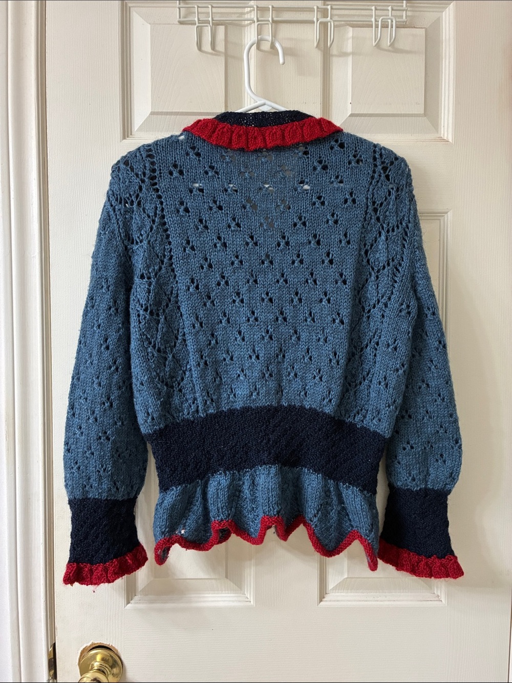 🌷3 for $25🌷Handmade, US M, Blue Openwork Knit Cardigan With Red Ruffle Trim - Picture 2 of 4